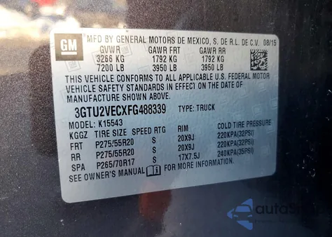 2015 GMC Sierra K1500 Slt z USA, uszkodzony, nr VIN 3GTU2VECXFG488339